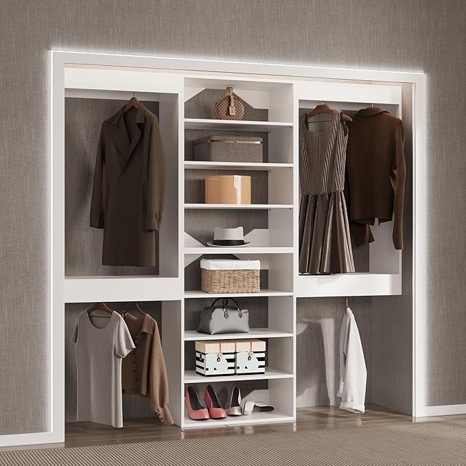 Modular Closet, 96" Wide Organizer with Hanging & Towers, Wood Tower Storage for Walk-in Closets, Wall-Mounted Wardrobe, Bedroom, White