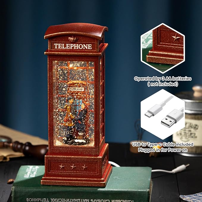 Snow Globe Lantern with Telephone Booth Couples –Shatterproof 8 Songs Musical Box Automatic Snowfall Led Light USB & Battery Powered,for Valentine’s Day Gifts Present Birthday Home Fall Decoration,Red