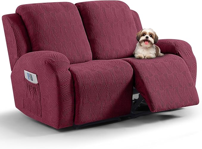 VANSOFY Recliner Loveseat Cover, 6-Pieces Stretch Dual Recliner Sofa Cover Soft Jacquard Reclining Couch Slipcover Furniture Protector with Elastic Bottom for Kid, Pets(2 Seat,Wine)