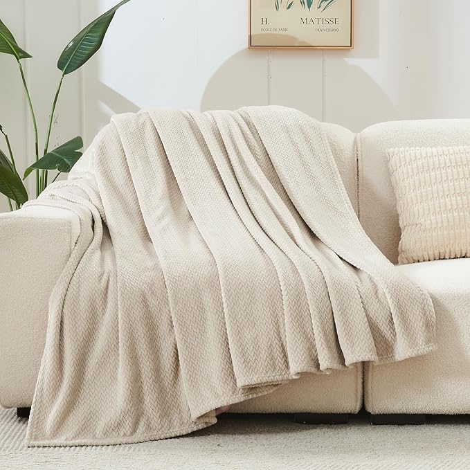NEWCOSPLAY Super Soft Throw Blanket Linen Premium Silky Flannel Fleece Leaves Pattern Lightweight Bed Blanket All Season Use (Linen, Throw(50"x60"))