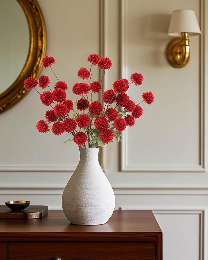 DuHouse 6pcs Artificial Flowers Faux Silk Pompon Mum,Silk Small Mini Chrysanthemum Ball with Stems for DIY Bouquets Centerpieces Vase Home Table Kitchen Decorations(Dark Red)