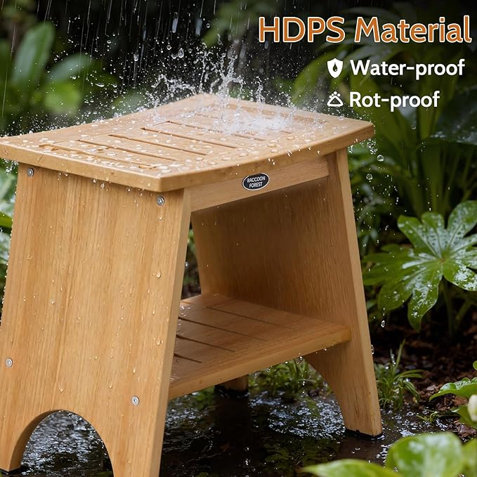 Shower Stool for Inside Shower, Shower Benches for Shaving Legs, 500lbs Shower Chair With Space-Efficient Storage Shelf, Waterproof Shower Seat for Spa Bathroom, Indoor or Outdoor 18”x17” (Teak Style)