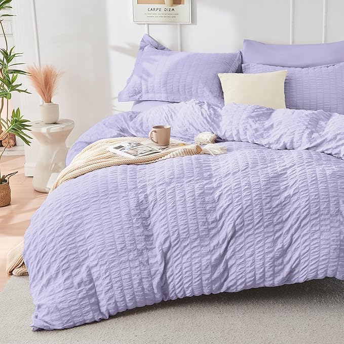 HYMOKEGE Light Purple King Size Comforter Set Seersucker 7 Pieces, All Season Luxury Bed in a Bag for Bedroom, Bedding Set with Comforter, Sheets, Pillowcases & Shams