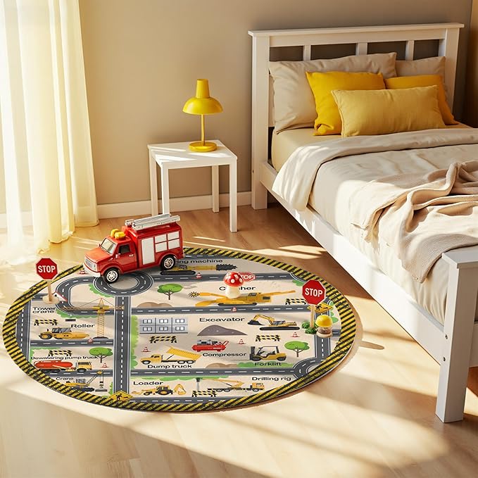 Construction Site Play Rug for Kids -3.3ft Round Interactive Engineering Vehicles Faux Wool Carpet with Excavator & Digger Design, Non-Slip Educational Mat for Playroom, Bedroom Gifts (Boys & Girls)