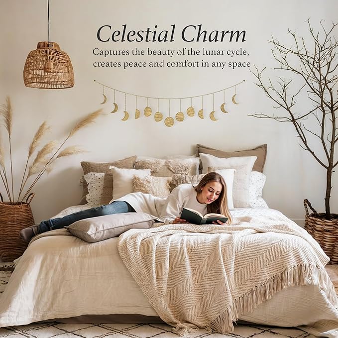 BASE ROOTS Moon Phase Wall Decor, Gold Wall Art for Bedroom, Bohemian and Astrology, Witchy Aesthetic 36" 13 Phases Metal Moon Wall Garland, Celestial Decoration, Gift for Women & Kids