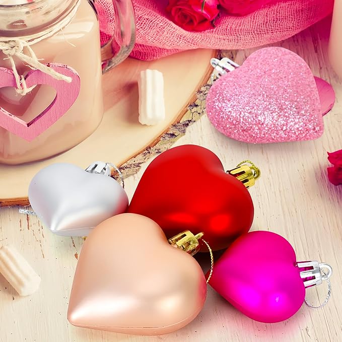48PCS Valentine's Day Heart Shaped Ornaments - Classic Red Pink Silver Rose Rosegold Colors, Hanging Hearts for Tree Decorations