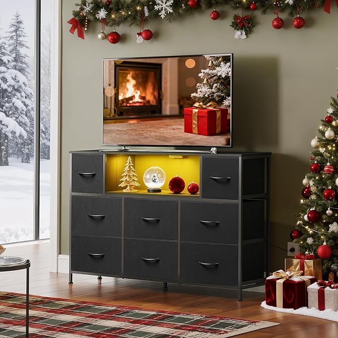 WLIVE Black Dresser TV Stand for 45, 50, 55 inch TV, Entertainment Center with LED Lights & Charging Station, Chest of Drawers with 8 Fabric Drawers and Open Shelves for Living Room, Hallway, Wood Top