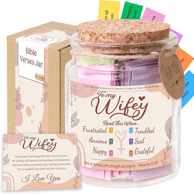 Bible Verse Jar for Daughter – 92 Color-Coded Scriptures of Encouragement, Birthday & Christmas Gift, Christian Keepsake, Daughter-in-Law Gift (Bible Jar For Wifey)