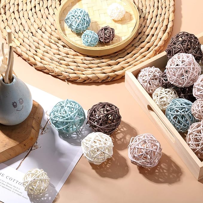 Patelai 72 Pcs Wicker Rattan Balls Decorative Balls for Vase Centerpiece Bowls Orbs Filler for Spring Summer Craft Home Decor, 4 Sizes(Light Blue, Light Brown, Dark Brown, White)