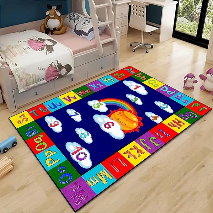 Educational Kids Rug 5x8ft - ABC Alphabet & Numbers Learning Play Mat with Rainbow, Sun & Fun Illustrations - Washable Play Mat for Nursery, Playroom, Preschool Classroom