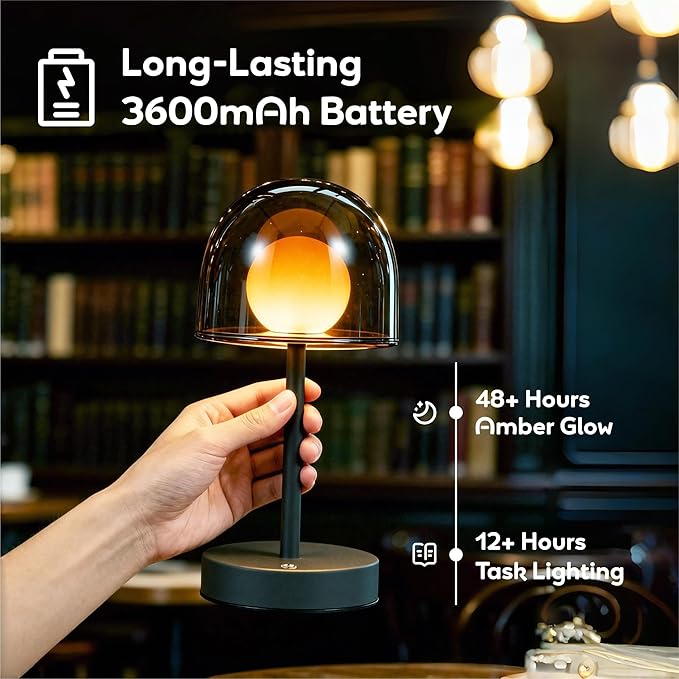 Rechargeable Small Counter Lamp, LED Modern Table Lamp with 3CCT & Stepless Dimming, Bedside Light for Study Living Room and Office, Mushroom Style (Smoky Grey)