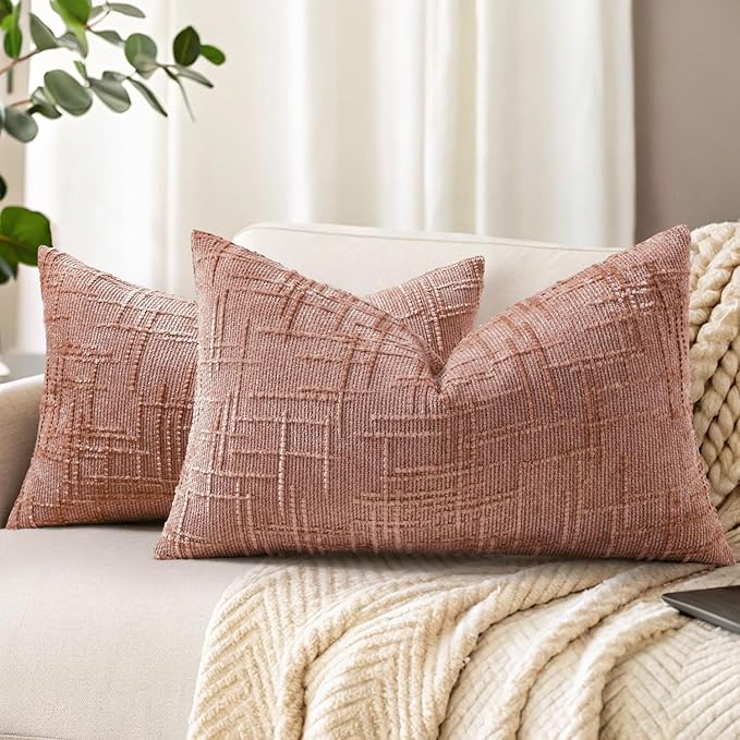 decorUhome Spring Pink Chenille Throw Pillow Covers 12x20 Set of 2 Textured Soft Cozy Slubby Couch Pillow Covers Modern Farmhouse Boho Decorative Pillow Cases for Bed Sofa Living Room Valentines
