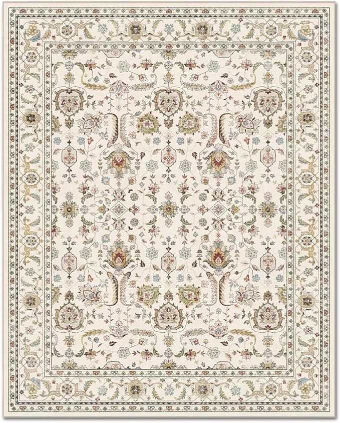 Washable 4x6 Rugs for Living Room, Boho Non-Slip Vintage Distress Small Rugs for Bedroom Nursery Office, 0.3" Neutral Oriental Throw Thin Carpet with Cushioning Pad, Beige/Rust/Green/Multi