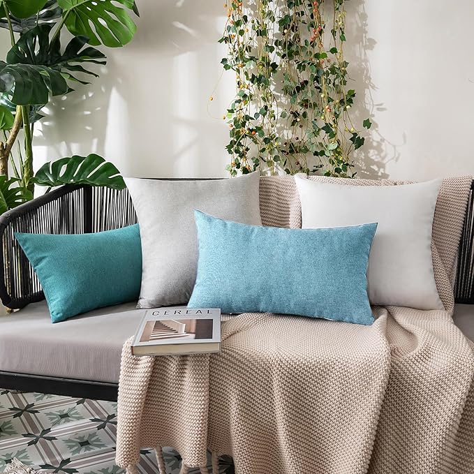 MIULEE Pack of 2 Decorative Outdoor Solid Waterproof Throw Pillow Covers Faux Linen Garden Farmhouse Coastal Cushion Cases for Summer Patio Tent Balcony Couch Sofa 20x12 Inch Blue Gray