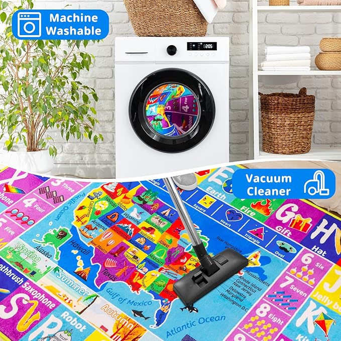 USA Map ABC Kid Rug for Playroom 110"×78.7"Geography Classroom Play Rug Educational Baby Playmat State Symbols, ABC Letters, Numbers, Seasons&Shapes Fluffy Ployester Non-Slip Preschool Nursery Rug