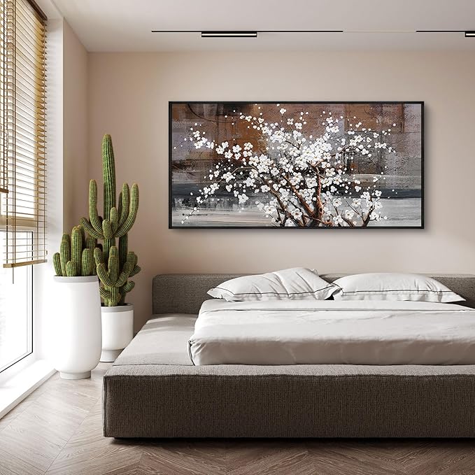 KLAKLA Wall Art for Living Room - White Plum Blossom Brown Trunk Natural Landscape Wall Decor Framed Picture Artwork for Wall Modern Paingings Extra Large Wall Art