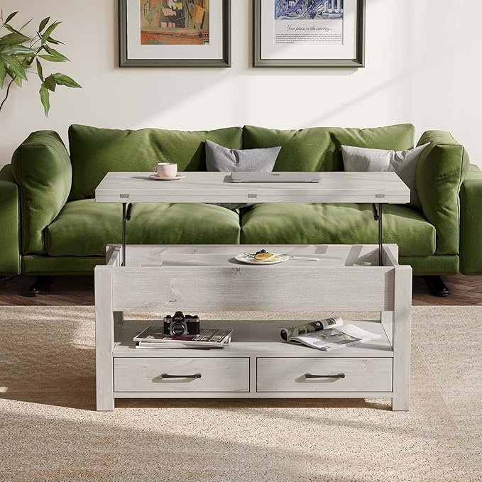 Rolanstar Coffee Table Lift Top, Multi-Function Convertible Coffee Table with Drawers and Hidden Compartment, Converts to Dining Table for Living Room, Home Office,Grey