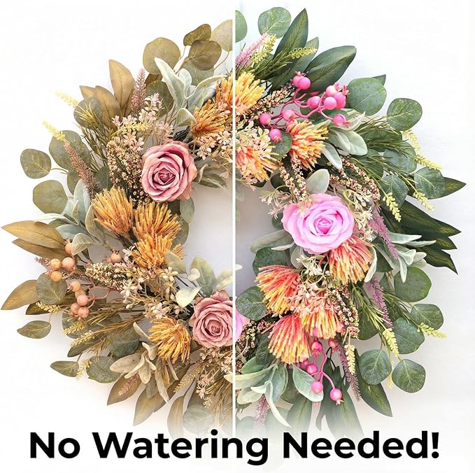 24 Inch Wreath for Front Door Spring Wreath with Purely Handmade Roses, Rose Leaves, Big Berries, Flocking Protea, Home Indoor Outdoor Wall Festival Farmhouse Holiday Decor Year Round