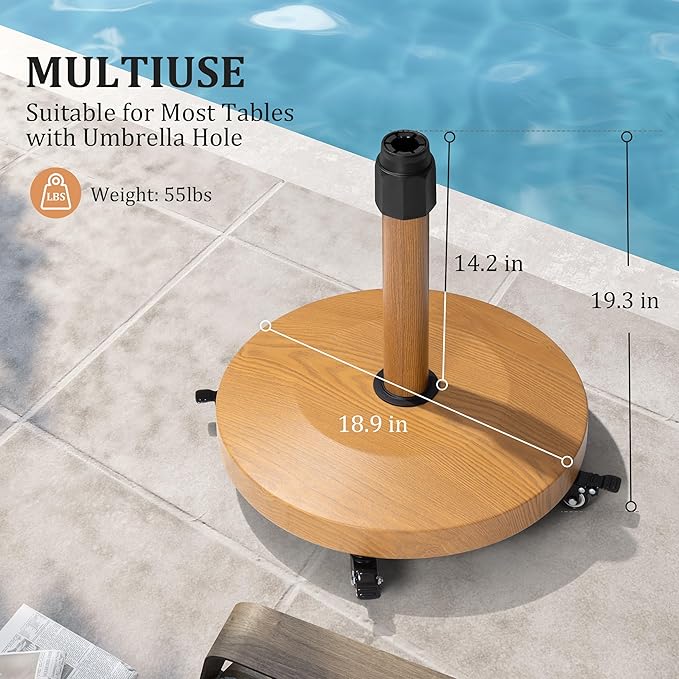 Patio Umbrella Base with 4 Wheels, 55lbs Round Heavy Duty Concrete Stand for Outdoor Market Umbrella, Wood Grain, Teak