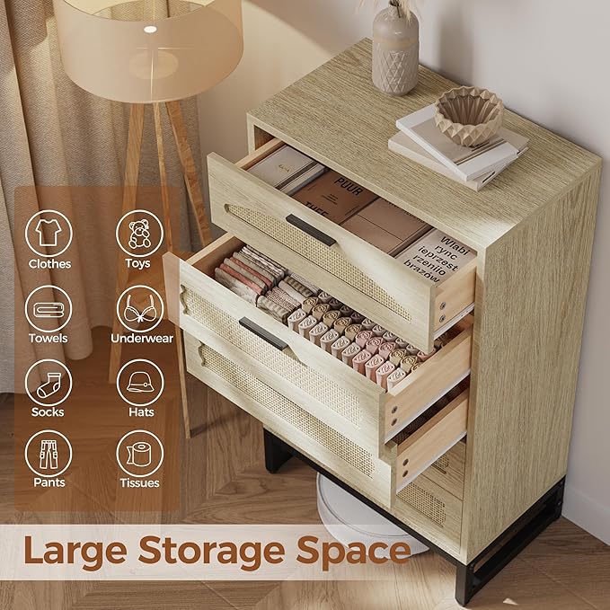 Mericonia 5 Drawer Rattan Dresser for Bedroom, Wood Tall Dresser for Closet with Metal Handles, Boho Nightstand Sets, Dressers & Chests of Drawers for Bedroom, Hallway and Entryway, Oak