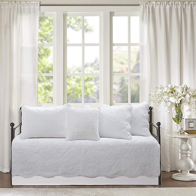 Cozy Line Home Fashions 6 Piece Daybed Cover Set, Solid White Matelasse Trendy Damask Quilting with Scalloped Edges All Season Luxury Bedding with Bedskirt, Matching Shams, Decorative Pillow