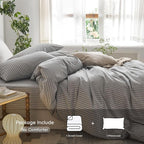 MooMee Striped Duvet Cover Set 100% Washed Cotton Linen Like Textured Breathable Durable Soft Comfy (Light Grey White Wide Stripes, Twin 68"x90")