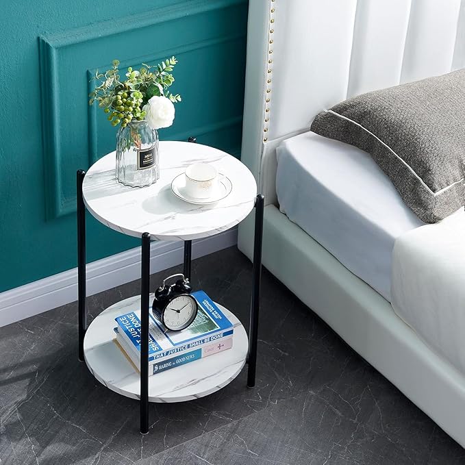Small Round Side Table Set of 2, Black End Table with Faux Marble Top, Modern Sofa Table for Small Spaces in Living Room, Couch, or Bedroom Nightstand (2 pcs Black, Round)