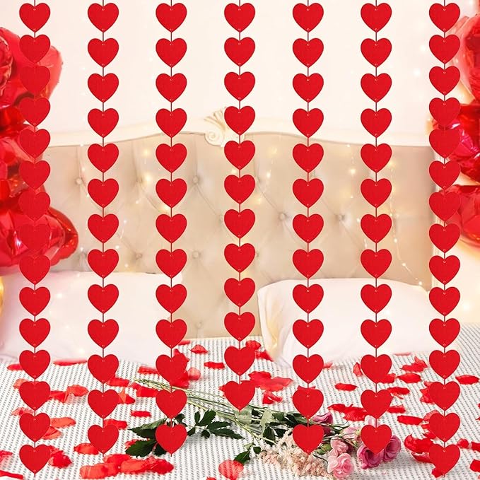 Valentines Day Decorations, 96 PCS Red Felt Heart Garland Hanging, Pre-Assembled Romantic Heart String Garland for Home, Wedding, Anniversary & Party Decor