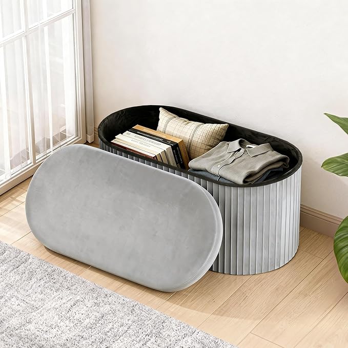 GLAXYFUR Oval Storage Ottoman Bench, Velvet Foot Rest, 30 Inch Folding Chest for Living Room, Bedroom, Grey