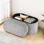 GLAXYFUR Oval Storage Ottoman Bench, Velvet Foot Rest, 30 Inch Folding Chest for Living Room, Bedroom, Grey