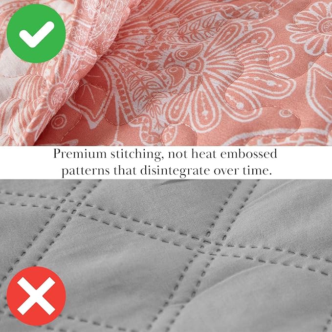 Southshore Fine Living, Inc. Paisley Quilt Set King/California Size, Light Weight Bedspread, 3-Piece Set Bohemian Bedding with Two Matching Quilted Pillow Shams, Cal/King Quilt, Reversible Coral