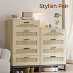 Mericonia 5 Drawer Rattan Dresser for Bedroom, Wood Tall Dresser for Closet with Metal Handles, Boho Nightstand Sets, Dressers & Chests of Drawers for Bedroom, Hallway and Entryway, Oak