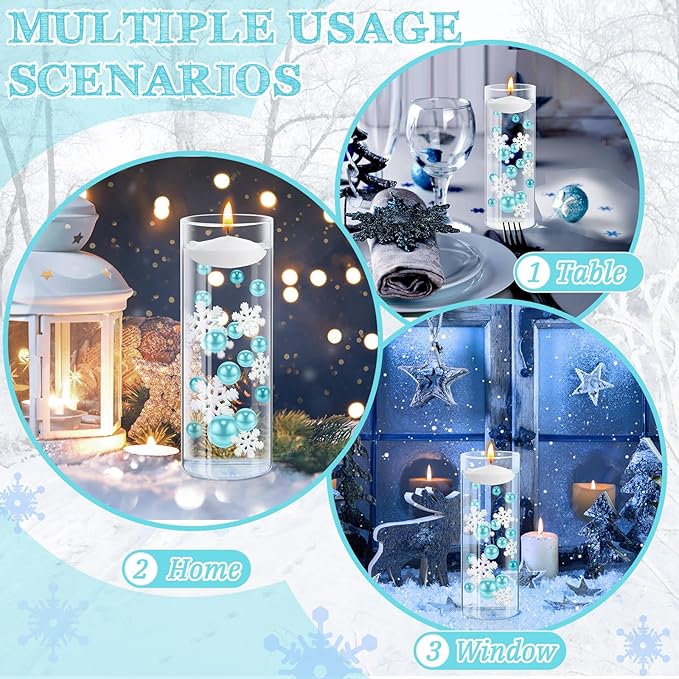 124 Pcs Christmas Vase Filler Pearls for Vase Filler Christmas Table Decor Floating Candles Centerpiece with 8 Floating Candles for Table Party Festival Decor, Not Included Clear Beads(Snowflake)