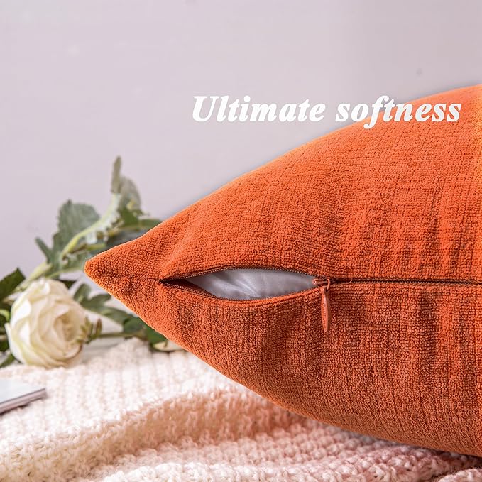 GAWAMAY Decorative Chenille Throw Pillow Covers 24x24 Inch Pack of 2, Soft Square Couch Pillow Cover for Sofa Cushion Living Room Bedroom Solid Dyed Pillowcases Burnt Orange 60x60cm (ONLY Covers)