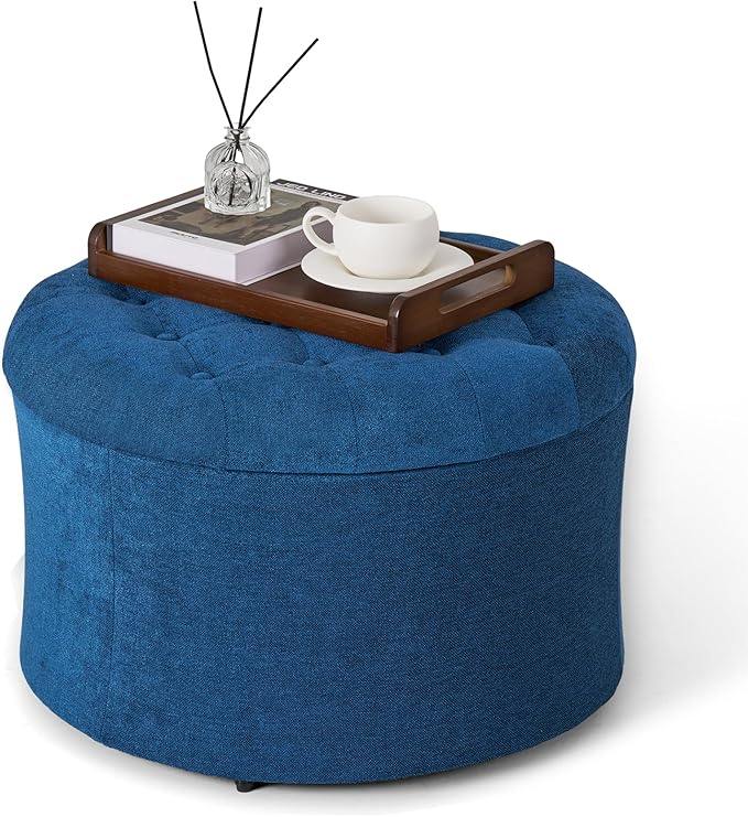 ONBRILL 25" Ottoman with Storage, Round Pouf Ottoman Foot Rest, Small Storage Foot Stool for Couch Bedroom Living Room, Books, Blankets & Kid's Toy Box, Load up to 220 lbs, Blue