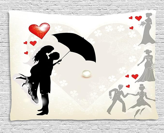 Ambesonne Wedding Tapestry, Couple in Love Umbrella Red Hearts Daisies Romance in the Air Celebration, Wide Wall Hanging for Bedroom Living Room Dorm, 60" X 40", Black White Red