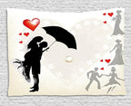 Ambesonne Wedding Tapestry, Couple in Love Umbrella Red Hearts Daisies Romance in the Air Celebration, Wide Wall Hanging for Bedroom Living Room Dorm, 60" X 40", Black White Red