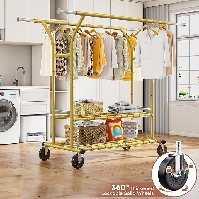 Raybee 74" W Heavy Duty Clothes Rack, Double Rods Gold Clothing Rack Load 630 LBS, Rolling Clothes Racks for Hanging Clothes 400+, Garment Rack with shelves for Bedroom, Laundry Room, Retail Store