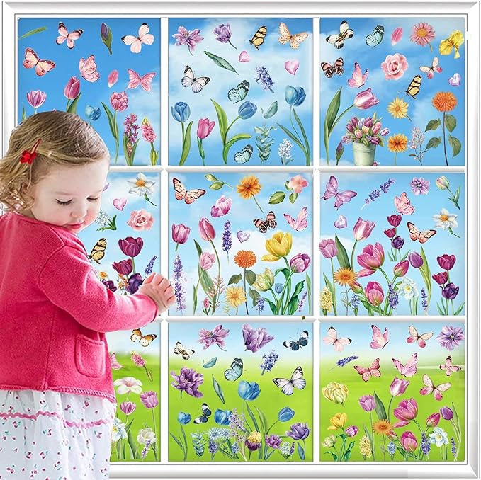 Flower Window Clings for Glass Windows Butterfly, 132pcs Fall Window Clings Summer Easter Spring Winter Decorations, 9 Sheets Floral Window Stickers Decals for Home Office Indoor Clearance