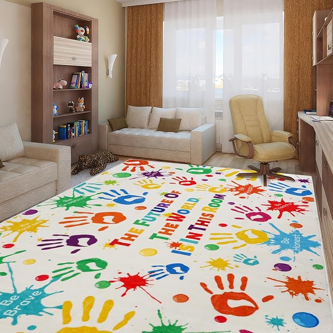 Colorful Kids Rug, Washable Handprints Area Rug for Kids Bedroom, Non-Slip Play Mat Ultra Soft Thick Indoor Plush Rug for Playroom Classroom Nursery Decor (9'2" X 6'7")