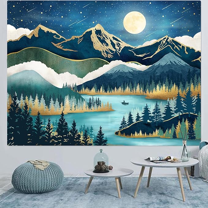 Accnicc Mountain Tapestry Nature Forest Tree Tapestries for Bedroom Aesthetic Starry Night Moon Stars Tapestrys Wall Hanging Teal Abstract Wall Tapestry for Dorm Living Room (Teal, 80'' × 60'')