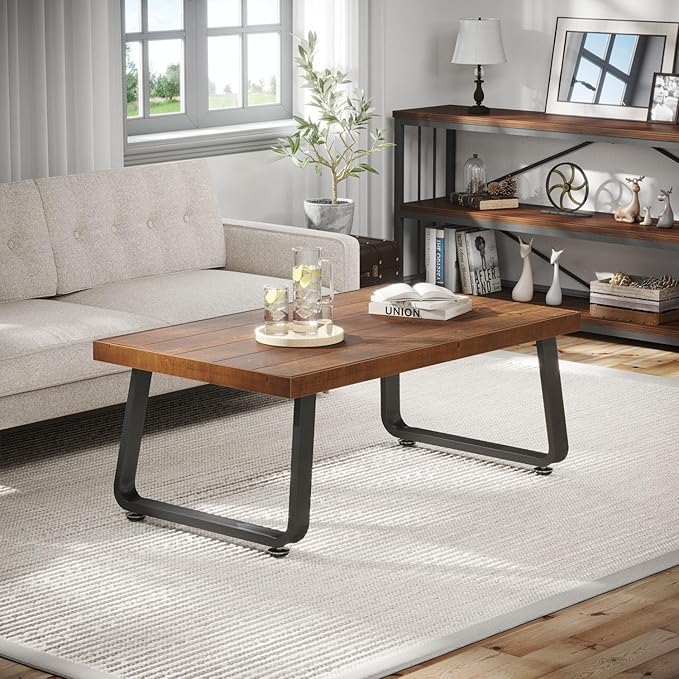 IBF Rustic Coffee Table, Industrial Solid Wooden Tea Table, Farmhouse Real Wood Center Coffee Table, Modern Minimalist Rectangle Cocktail Table, 39 in