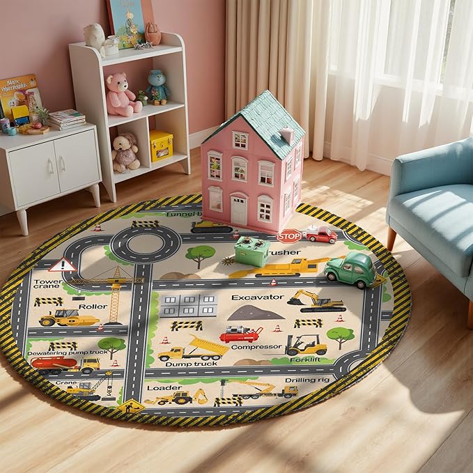 Construction Site Play Rug for Kids -3.3ft Round Interactive Engineering Vehicles Faux Wool Carpet with Excavator & Digger Design, Non-Slip Educational Mat for Playroom, Bedroom Gifts (Boys & Girls)