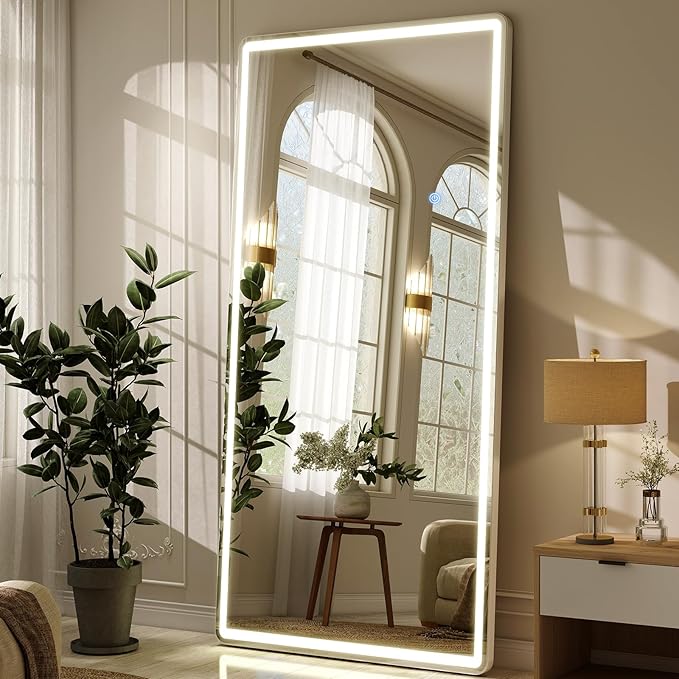 GLSLAND Full Length Mirror with Lights, 71"x30" Dimmable Floor Mirror – 3-Color Lighting, Standing or Wall-Mounted LED Body Mirror for Bedroom & Cloakroom