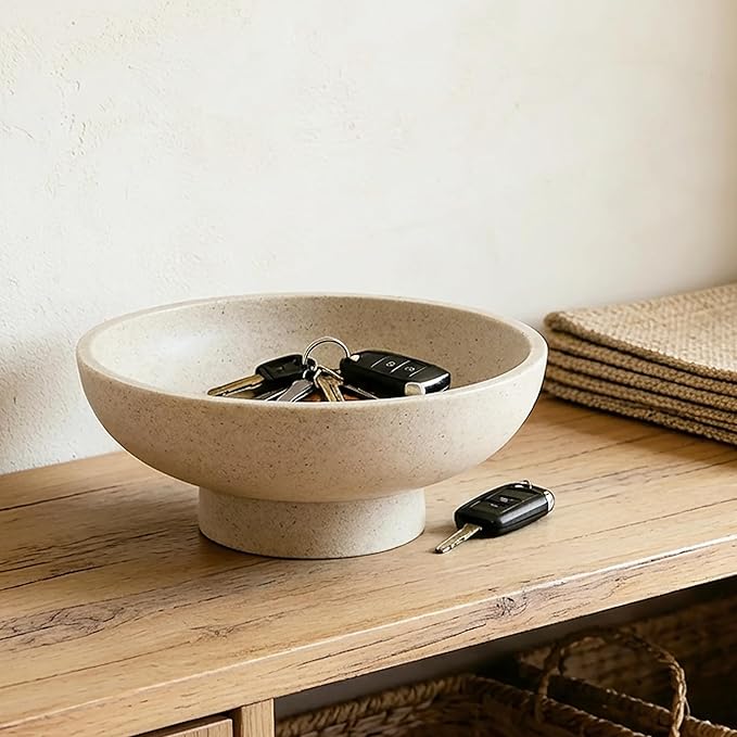 Modern Decorative Fruit Bowl for Keys Entryway Table, Holder Kitchen Countertop Minimalist Home Decor Accents Aesthetic With Pedestal,Artificial Stone Beige