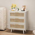 Rattan Night Stand Boho End Table with 3 Storage Drawer Wooden Bedside Tables Bed Side Table Accent Tables for Bedroom Small Space (White Cream Oak)