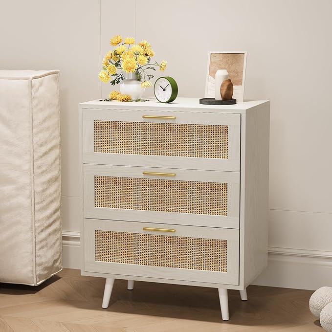 Rattan Night Stand Boho End Table with 3 Storage Drawer Wooden Bedside Tables Bed Side Table Accent Tables for Bedroom Small Space (White Cream Oak)
