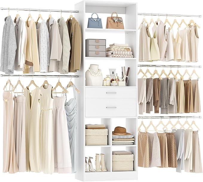 Closet System, 4-8 FT Closet Organizer Tower with 2 Wooden Drawers and 5 Hanging Rods, Can Fit 60 to 96 inch Walk-in Closet System, White
