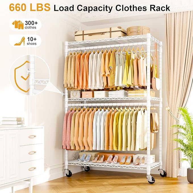 P5 Plus Rolling Clothes Rack Heavy Duty, Clothing Racks for Hanging Clothes, Metal Garment Rack with Wheels, 3-Tier Portable Closet Rack 45'' W × 20.5'' D × 80.5'' H, Max Load 660 Lbs, White