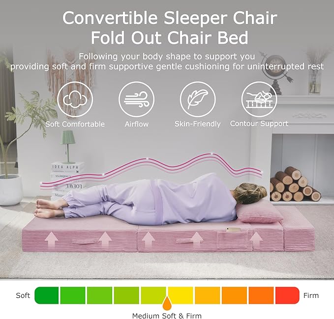 Folding Sofa Bed, 4 in 1 Convertible Sleeper Chair with Pillow, Single Memory Foam Fold Out Chair Bed, Modern Floor Futon Sofa Couch Mattress for Living Room/Guest/Apartment, Pink